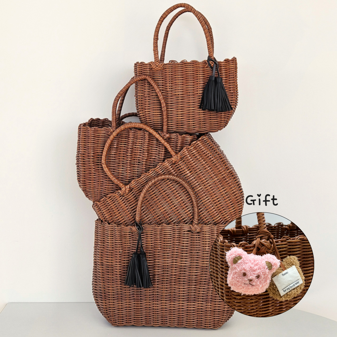 촘촘 피크닉 가방 키링 레더 테슬 핸들커버 세트 라탄 빨대 바구니 나들이 소풍 소사이즈