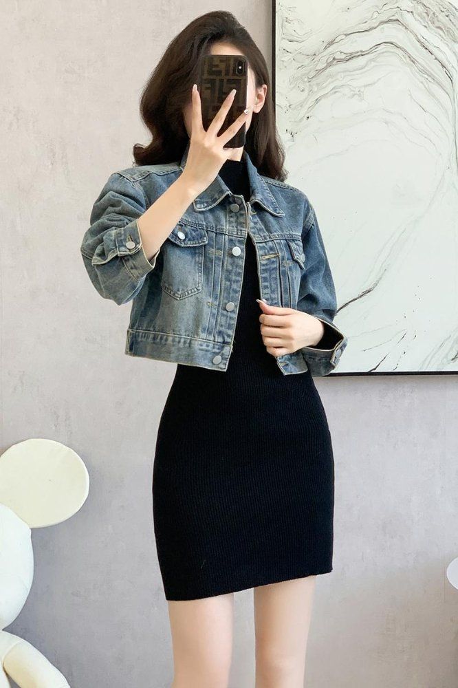 봄 가을 여성 하이웨스트 크롭 데님자켓 캐주얼 데일리룩 워싱 면혼방자켓 라이트블루 - 상세 이미지 5