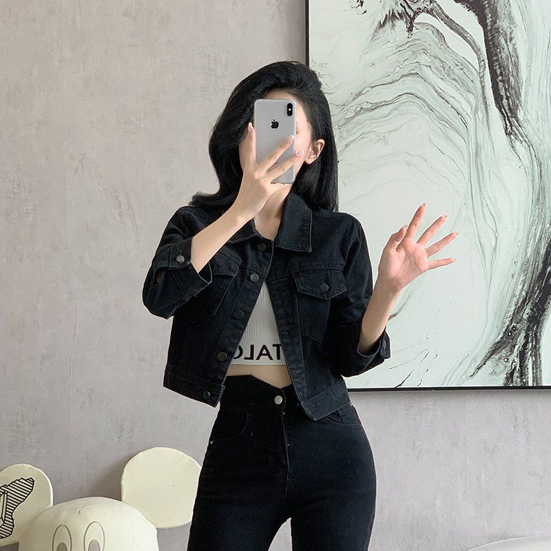봄 가을 여성 하이웨스트 숏 데님자켓 캐주얼 데일리룩 기본 면혼방자켓 블랙 - 상품 이미지