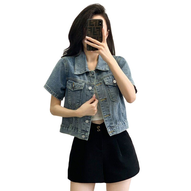 봄 여름 여성 루즈핏 크롭 반팔 데님자켓 물결밑단 캐주얼룩 면혼방자켓 라이트블루 - 상세 이미지 4