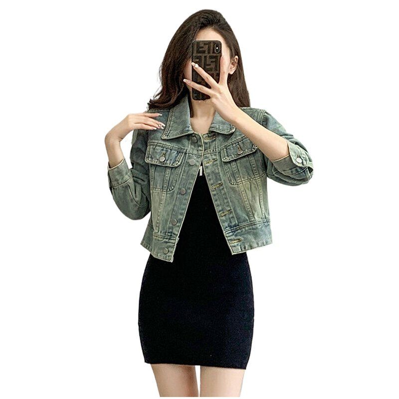 봄 가을 여성 루즈핏 숏 데님자켓 캐주얼 데일리룩 워싱 면혼방자켓 라이트블루 - 상세 이미지 4