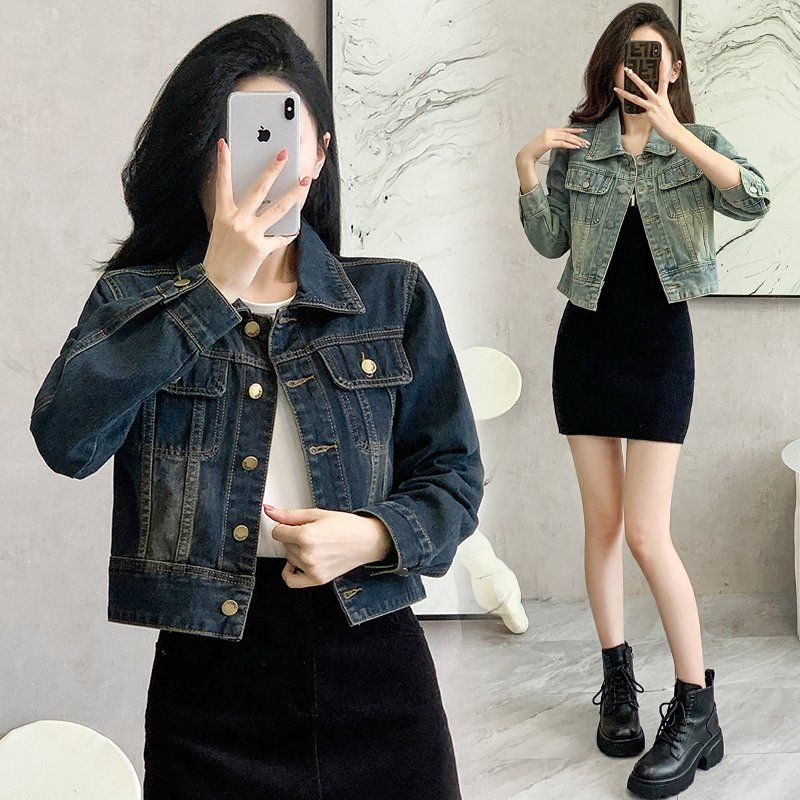 봄 가을 여성 슬림핏 숏 데님자켓 빈티지워싱 캐주얼룩 면혼방자켓 딥블루 라이트블루