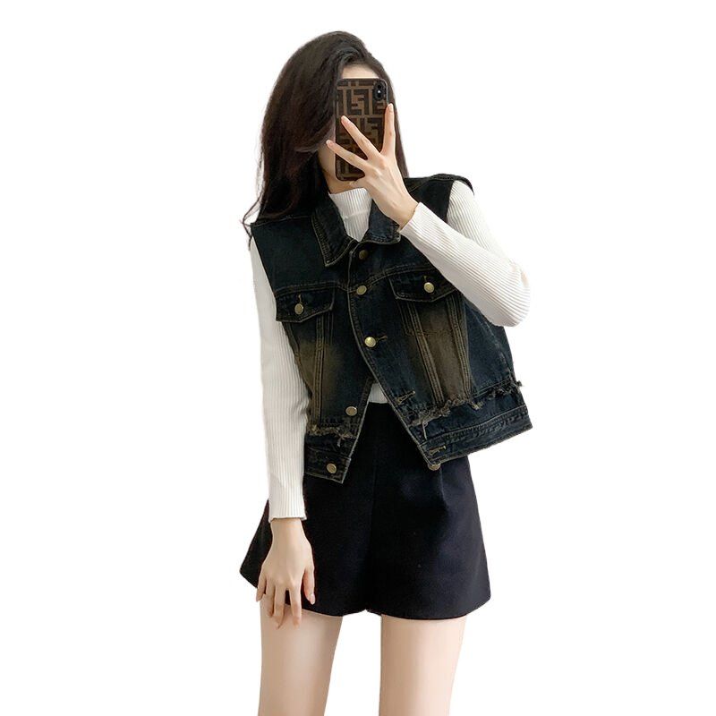 봄 가을 여성 루즈핏 민소매 데님조끼 빈티지워싱 프린지 면혼방조끼 블루그레이 - 상세 이미지 4