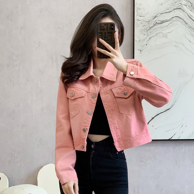 봄 가을 여성 하이웨스트 크롭 데님자켓 스위트룩 캐주얼 면혼방자켓 핑크