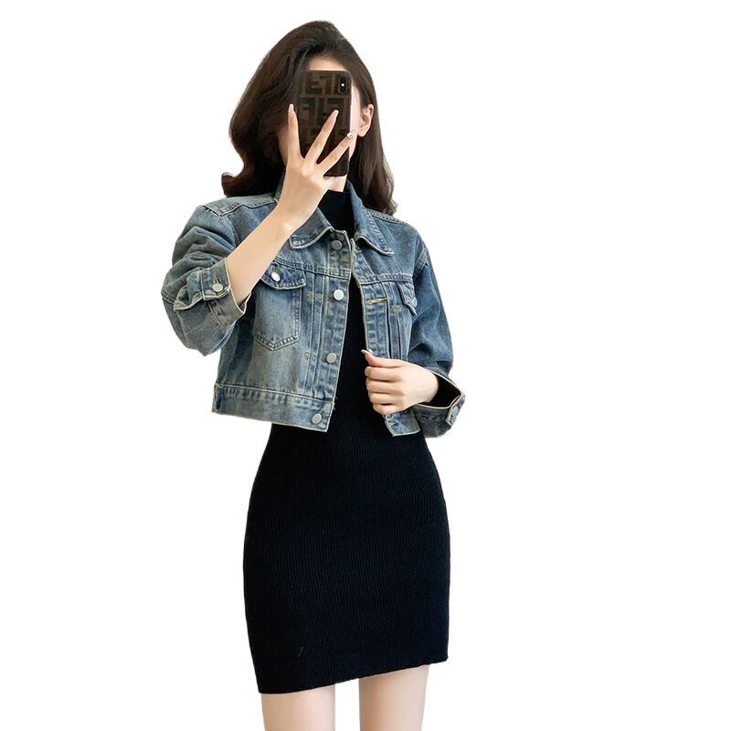 봄 가을 여성 하이웨스트 크롭 데님자켓 캐주얼 데일리룩 워싱 면혼방자켓 라이트블루 - 상세 이미지 4