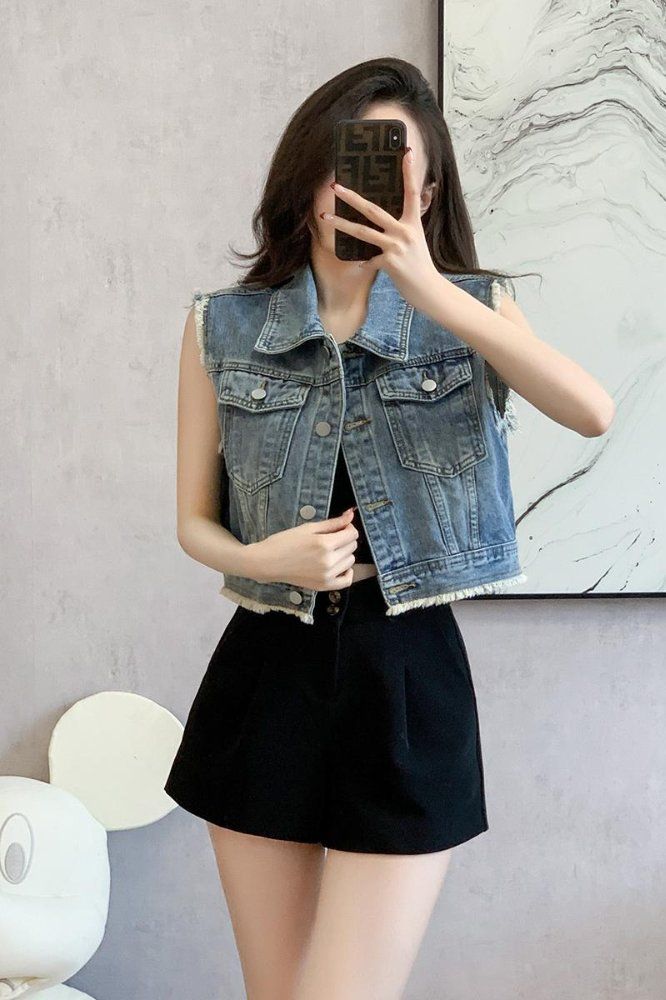 봄 여름 여성 루즈핏 숏 민소매 데님조끼 빈티지 프린지 면혼방조끼 블루그레이 라이트블루 - 상세 이미지 4