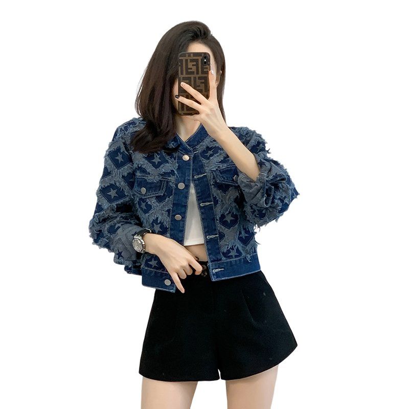 봄 가을 여성 루즈핏 별패턴 컷아웃 데님자켓 유니크 라운드넥 면혼방자켓 딥블루 - 상세 이미지 4