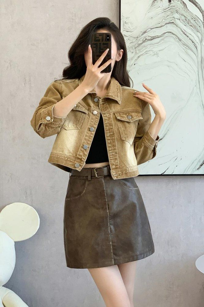 봄 가을 여성 하이웨스트 크롭 데님자켓 스위트룩 워싱 면혼방자켓 베이지 - 상세 이미지 5