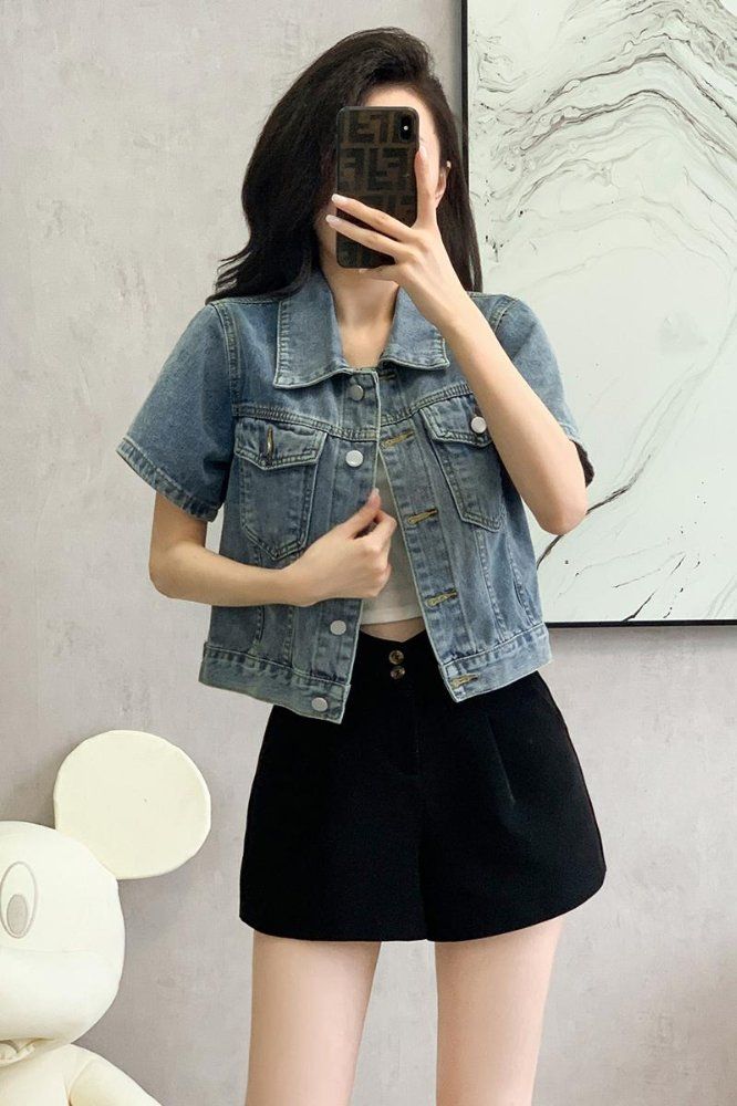 봄 여름 여성 루즈핏 크롭 반팔 데님자켓 물결밑단 캐주얼룩 면혼방자켓 라이트블루 - 상세 이미지 5