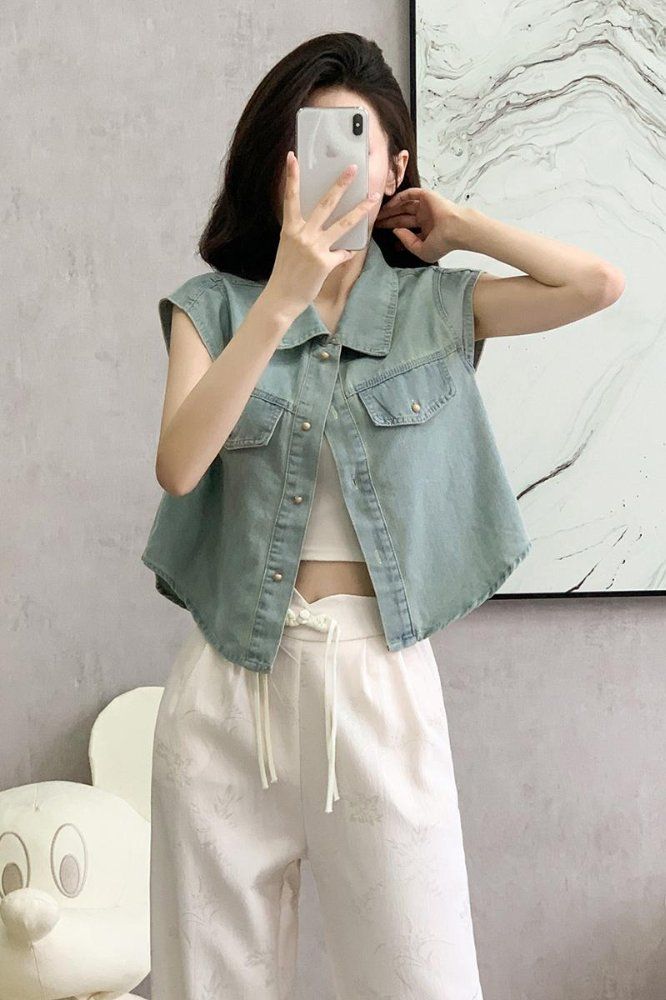 봄 여름 여성 루즈핏 숏 민소매 데님조끼 캐주얼 데일리룩 얇은 면혼방조끼 - 상세 이미지 5