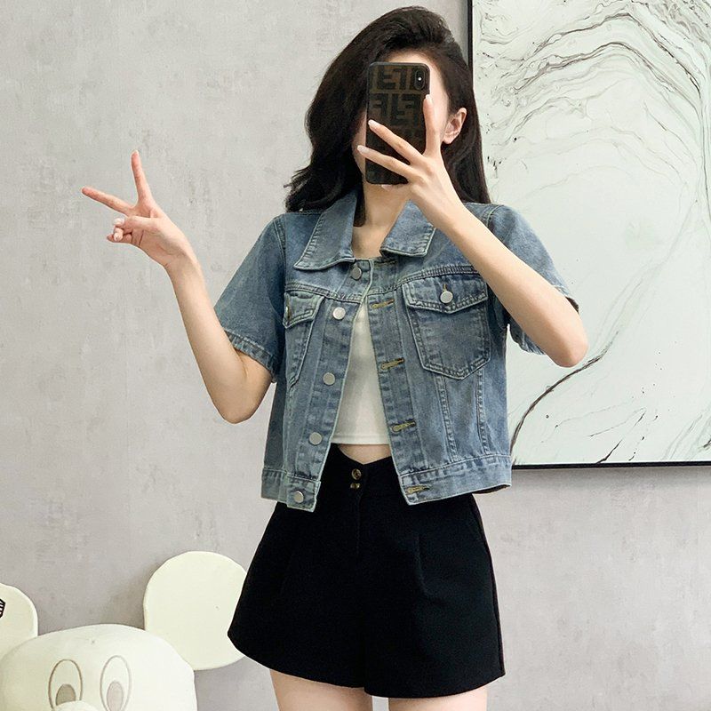 봄 여름 여성 루즈핏 크롭 반팔 데님자켓 물결밑단 캐주얼룩 면혼방자켓 라이트블루 - 상세 이미지 3