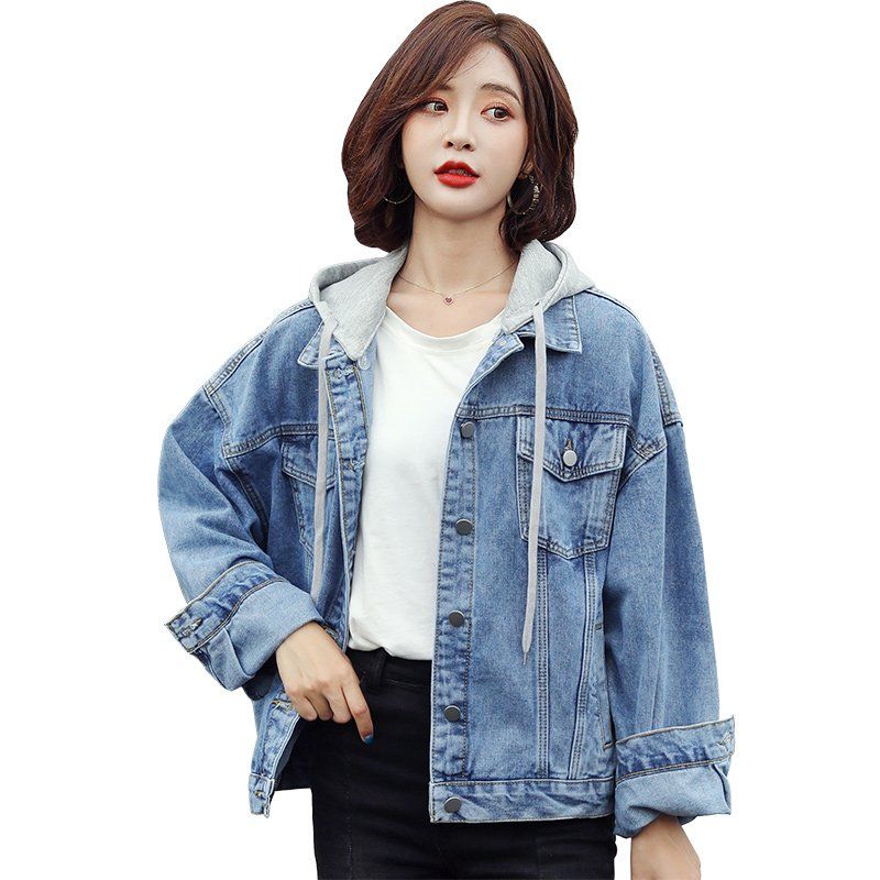 봄 가을 여성 루즈핏 탈부착 후드 스티치 데님자켓 캐주얼 데일리룩 블루 - 상세 이미지 4