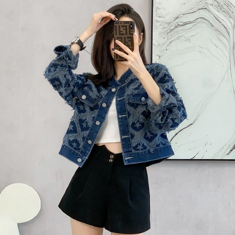 봄 가을 여성 루즈핏 별패턴 컷아웃 데님자켓 유니크 라운드넥 면혼방자켓 딥블루