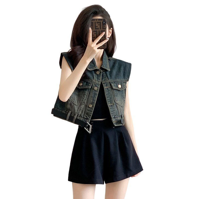 봄 가을 여성 하이웨스트 크롭 민소매 데님조끼 빈티지워싱 벨트 면혼방조끼 딥블루 - 상세 이미지 5