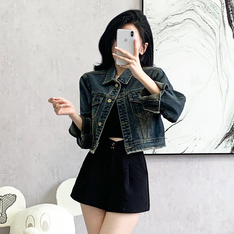 봄 가을 여성 하이웨스트 숏 데님자켓 빈티지워싱 프린지 면혼방자켓 그레이블루 레트로블루 - 상세 이미지 4