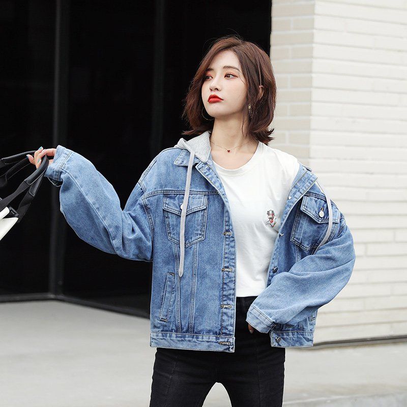 봄 가을 여성 루즈핏 탈부착 후드 스티치 데님자켓 캐주얼 데일리룩 블루 - 상세 이미지 3