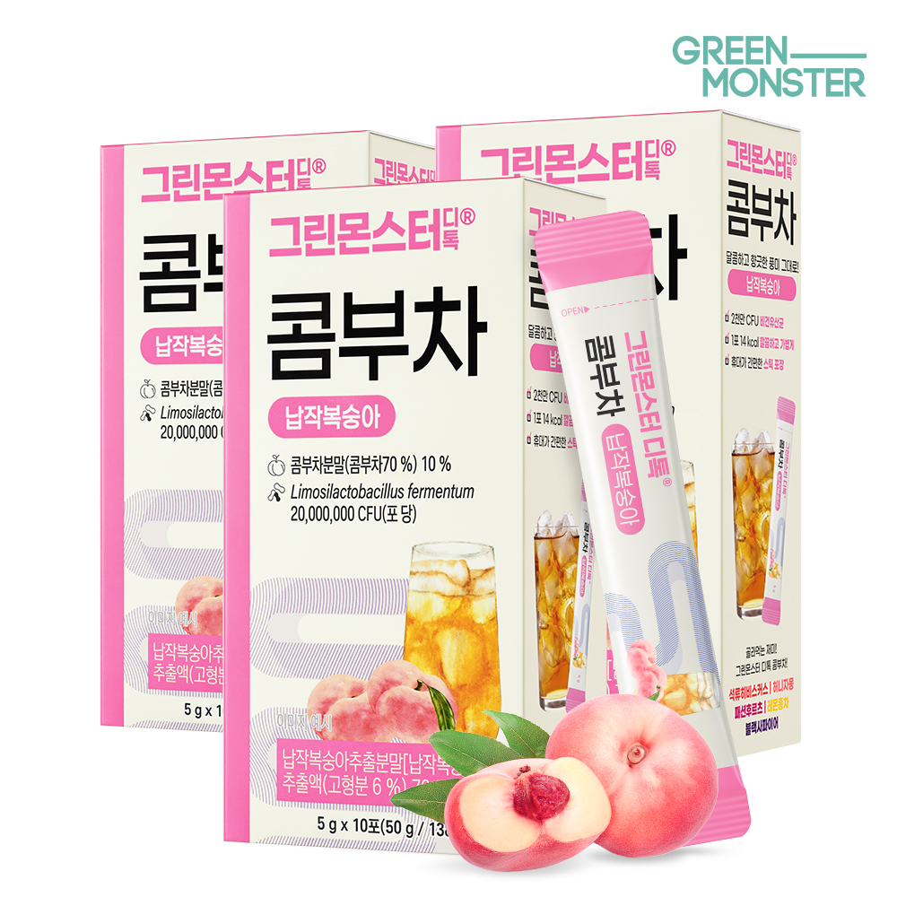 그린몬스터 디톡 콤부차 납작복숭아 20억 유산균 3박스 30스틱 (비건유산균 독일산유기농콤부차 달콤과즙 청량 체중관리)