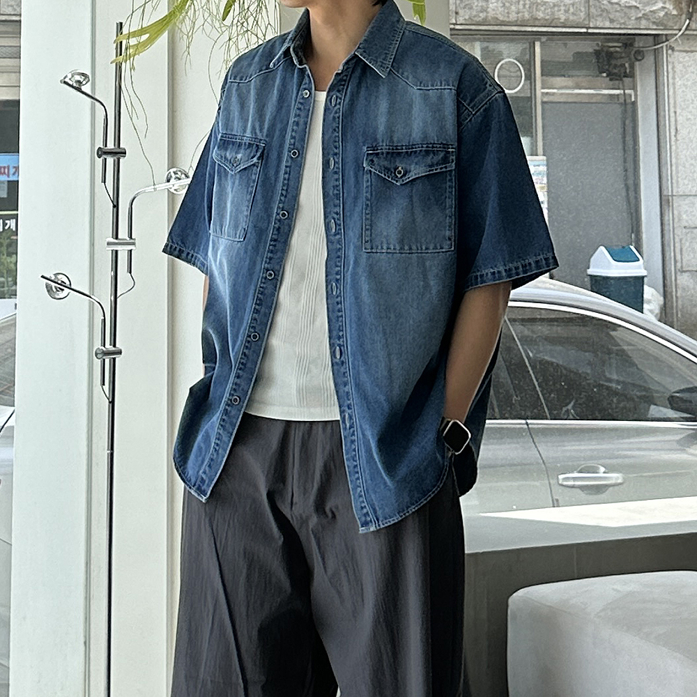 남자 반팔셔츠 오버핏 청남방 여름 데님 셔츠 - 상세 이미지 3