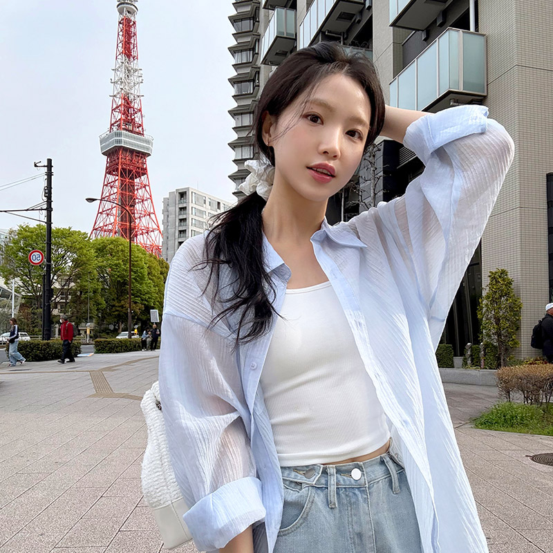 [자체제작] 하이렌 요루 펜던트 루즈핏 텐셀 시스루 셔츠 bs8105 이미지 6