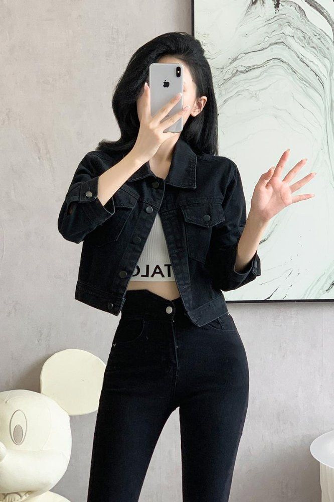 봄 가을 여성 하이웨스트 숏 데님자켓 캐주얼 데일리룩 기본 면혼방자켓 블랙 - 상세 이미지 5