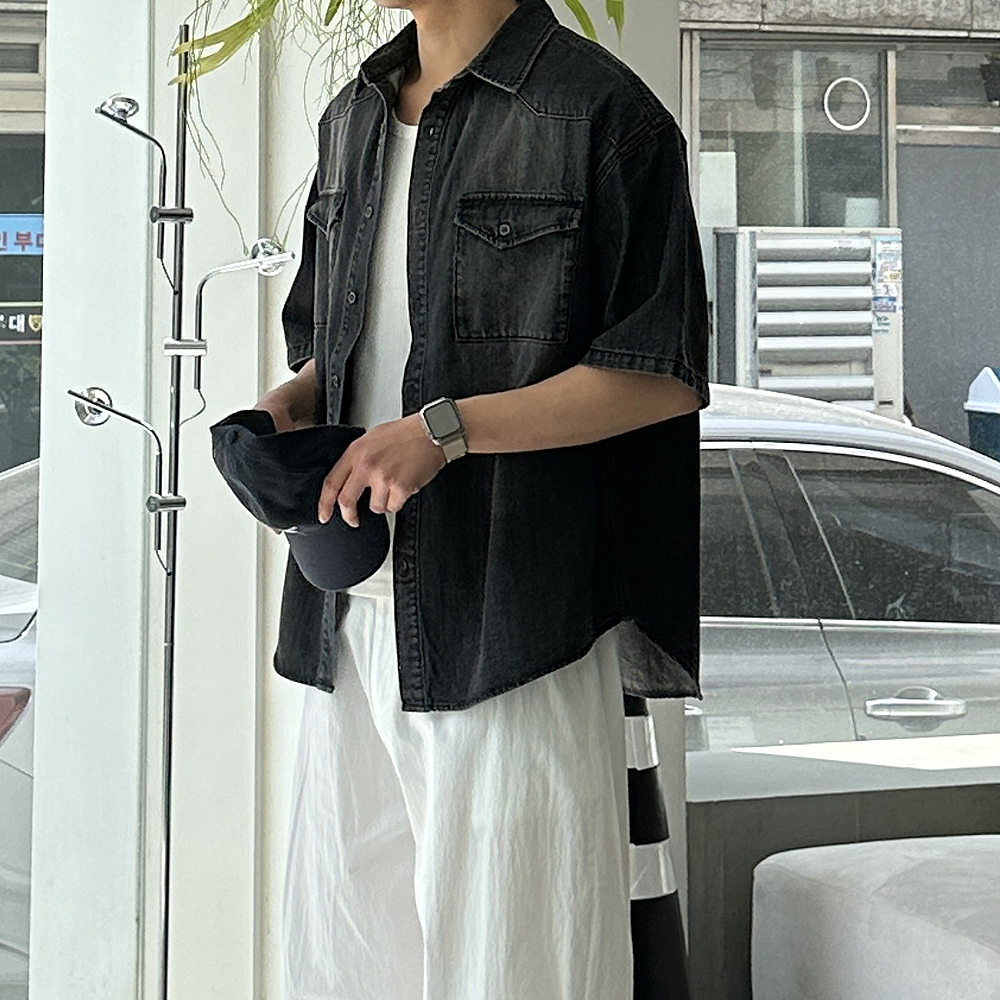 남자 반팔셔츠 오버핏 청남방 여름 데님 셔츠 - 상품 이미지