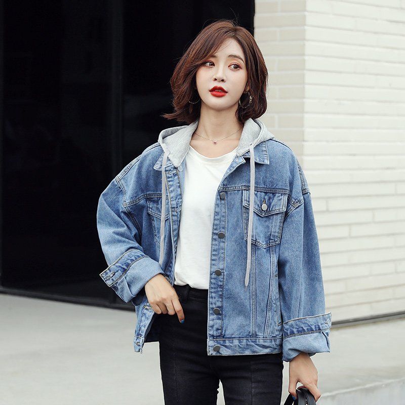 봄 가을 여성 루즈핏 탈부착 후드 스티치 데님자켓 캐주얼 데일리룩 블루 - 상품 이미지