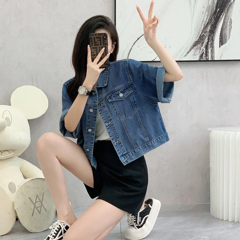 봄 여름 여성 루즈핏 5부소매 숏 데님자켓 데일리 캐주얼룩 얇은 면자켓 블루 - 상세 이미지 3