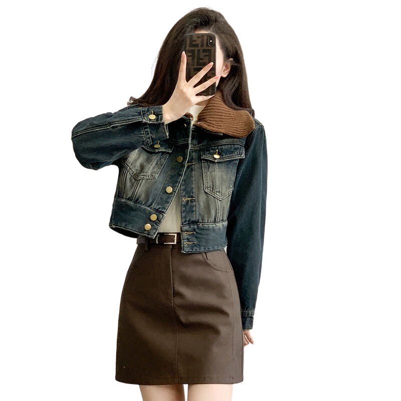 겨울 여성 하이웨스트 크롭 기모 데님자켓 배색카라 빈티지 면혼방자켓 딥블루 - 상세 이미지 3