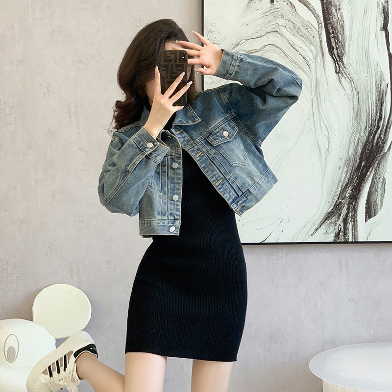 봄 가을 여성 하이웨스트 크롭 데님자켓 캐주얼 데일리룩 워싱 면혼방자켓 라이트블루 - 상품 이미지