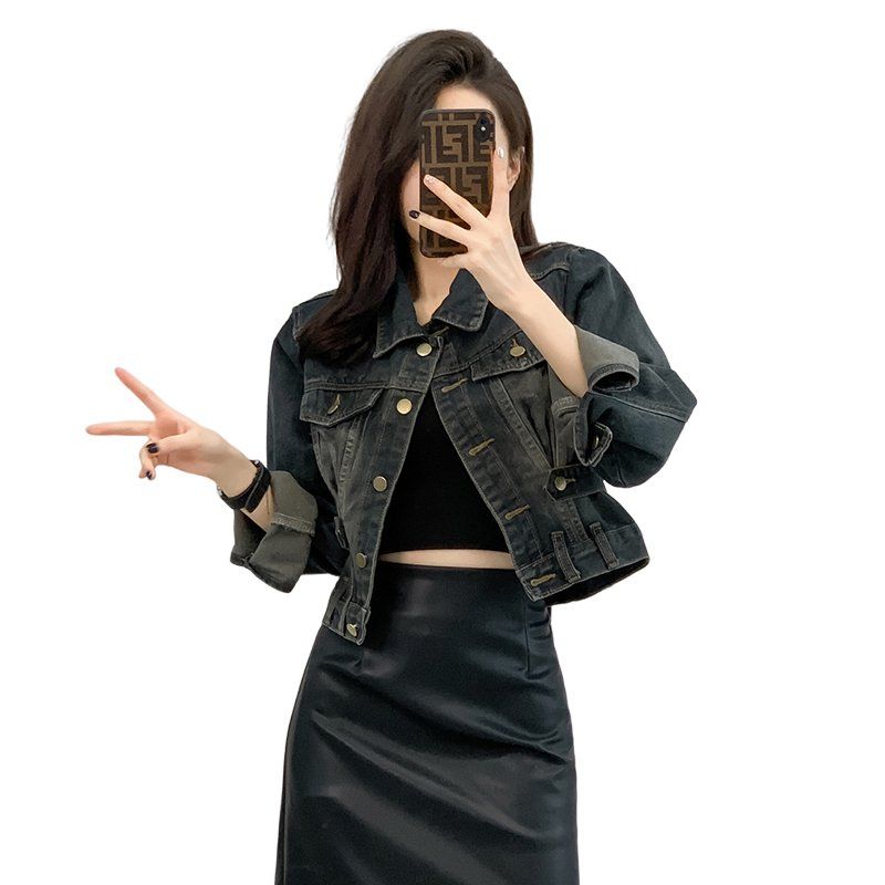봄 가을 여성 하이웨스트 크롭 데님자켓 빈티지워싱 셔링 면혼방자켓 딥블루 - 상세 이미지 5