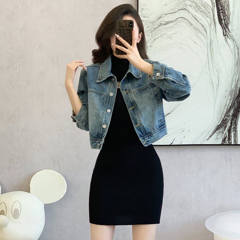 봄 가을 여성 기본핏 크롭 데님자켓 캐주얼 데일리룩 워싱 면혼방자켓 블루 - 상세 이미지 2