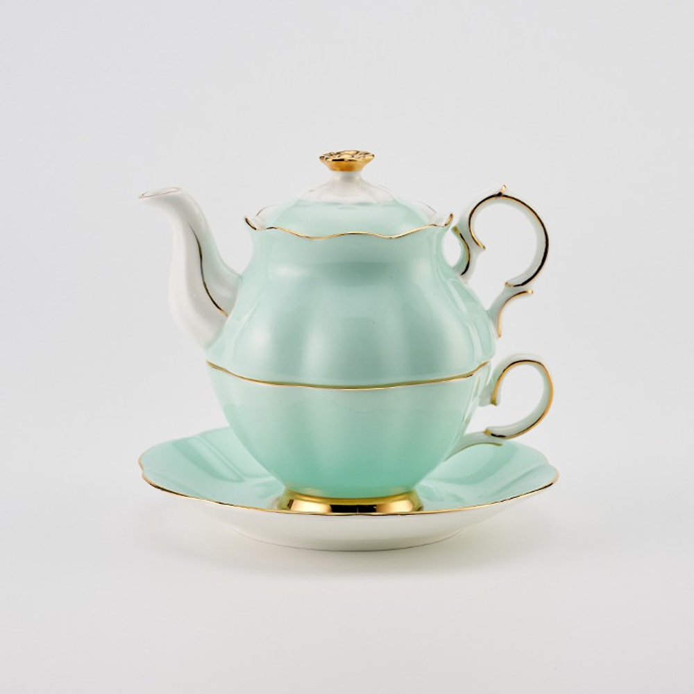 티로직 다이애나 골드림 티포원 1인 도자기 찻잔 티팟세트 300ml, 스카이블루