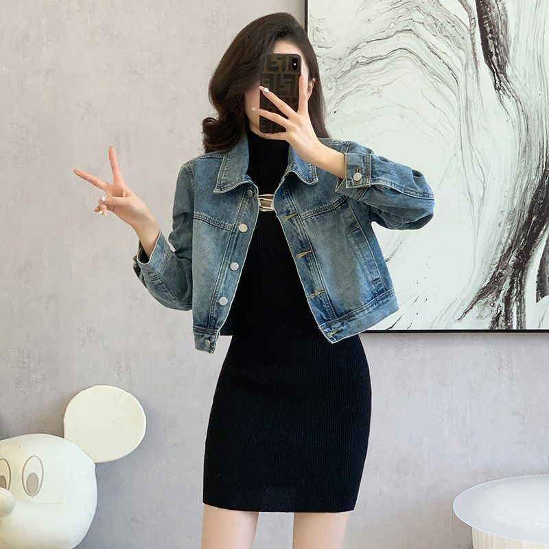 봄 가을 여성 기본핏 크롭 데님자켓 캐주얼 데일리룩 워싱 면혼방자켓 블루 - 상세 이미지 3