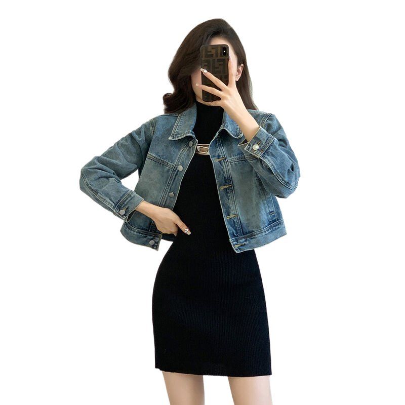 봄 가을 여성 기본핏 크롭 데님자켓 캐주얼 데일리룩 워싱 면혼방자켓 블루 - 상세 이미지 4