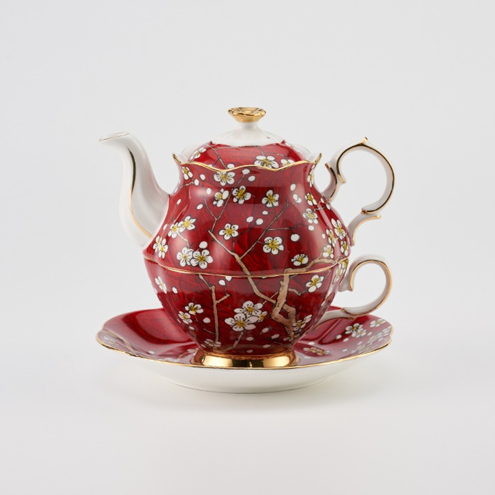 티로직 다이애나 골드림 티포원 1인 도자기 찻잔 티팟세트 300ml, 레드체리