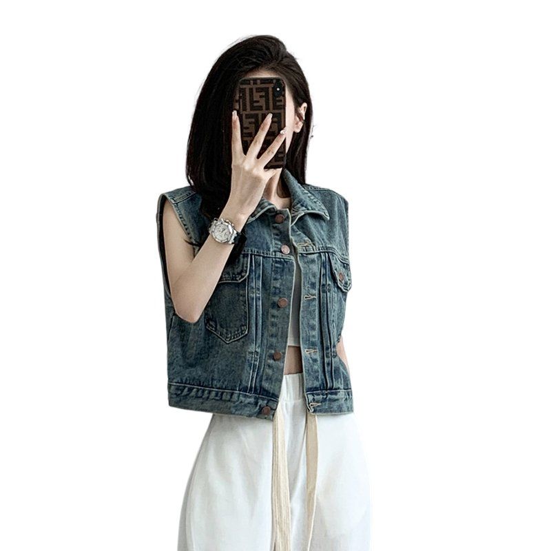 봄 여름 여성 루즈핏 숏 민소매 데님조끼 캐주얼 데일리룩 얇은 면조끼 라이트블루 - 상세 이미지 4