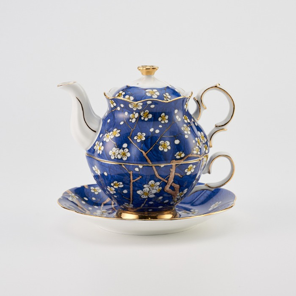 티로직 다이애나 골드림 티포원 1인 도자기 찻잔 티팟세트 300ml, 블루체리