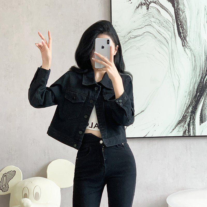 봄 가을 여성 하이웨스트 숏 데님자켓 캐주얼 데일리룩 기본 면혼방자켓 블랙 - 상세 이미지 2