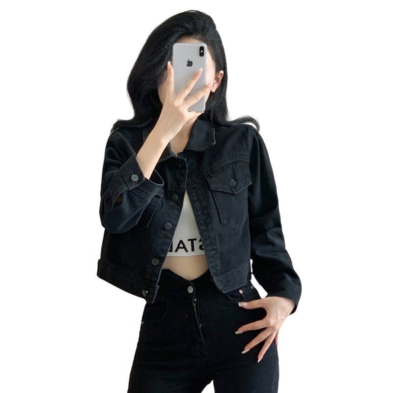 봄 가을 여성 하이웨스트 숏 데님자켓 캐주얼 데일리룩 기본 면혼방자켓 블랙 - 상세 이미지 4