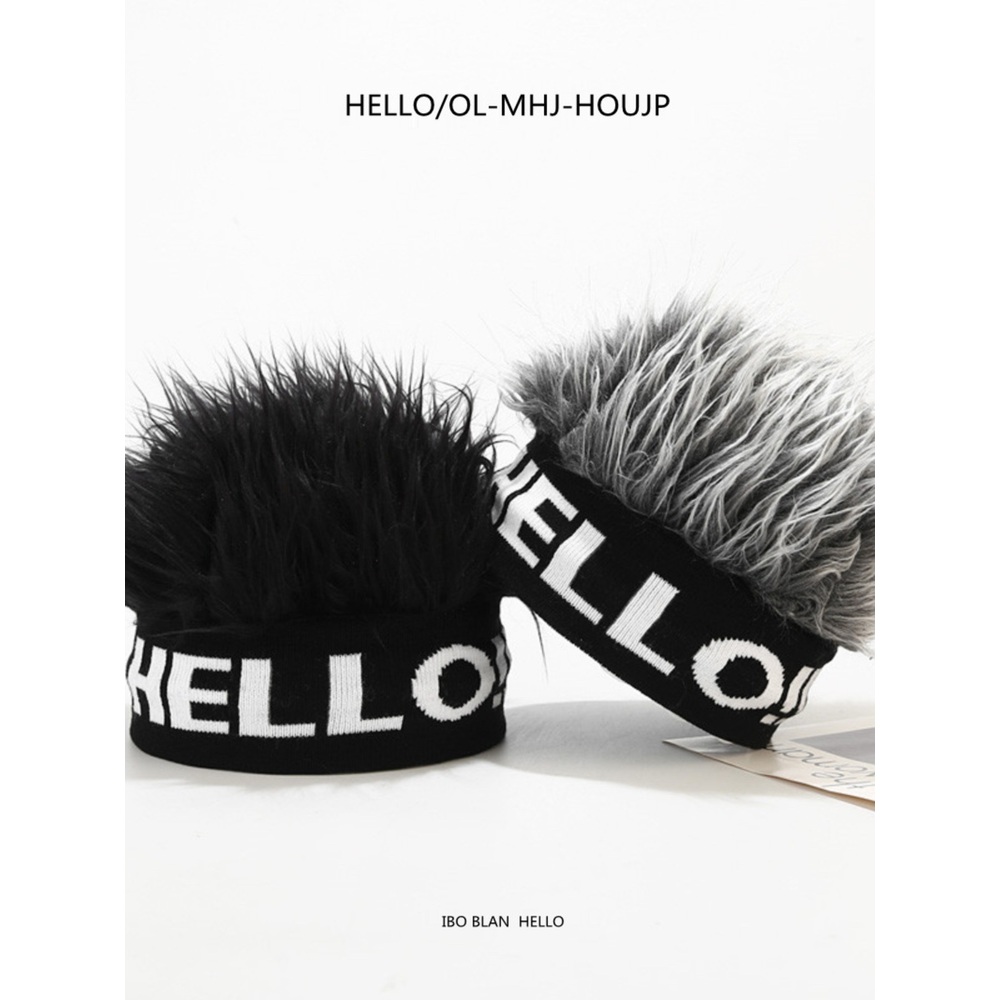 가짜머리모자 니트 헤어 밴드 비니 레터링 겨울 골프 제트 HELLO니트가발-흑발 성인(54-59cm) - 상세 이미지 3