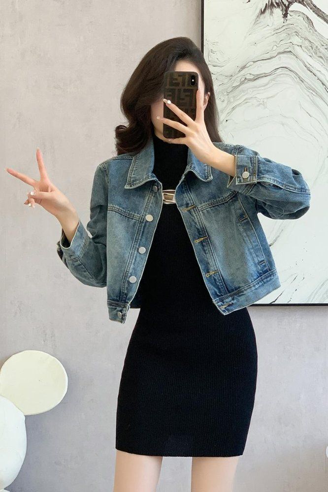 봄 가을 여성 기본핏 크롭 데님자켓 캐주얼 데일리룩 워싱 면혼방자켓 블루 - 상세 이미지 5