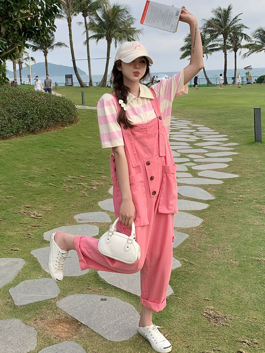여성용 핑크 데님 오버올 점프수트 핑크오버올 청 - 상세 이미지 3