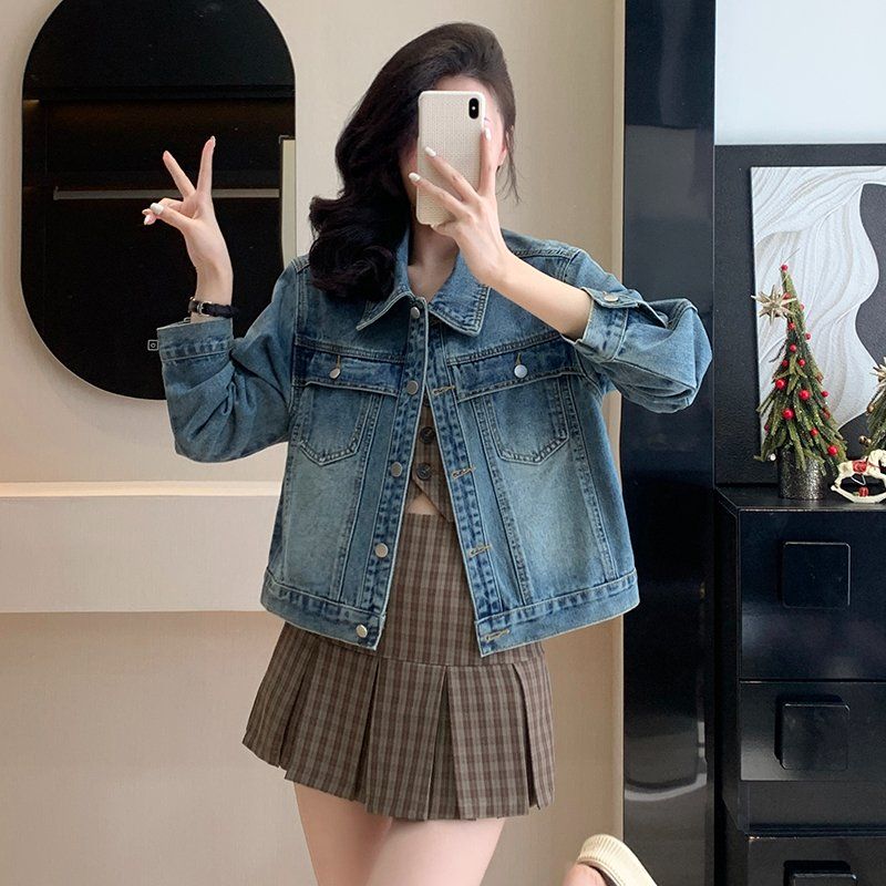 여성 봄 가을 루즈핏 카라 데님 자켓 버튼 포켓 간절기 아우터 블루