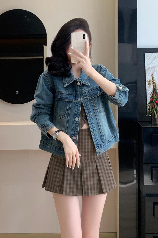 여성 봄 가을 루즈핏 카라 데님 자켓 버튼 포켓 간절기 아우터 블루 - 상세 이미지 4