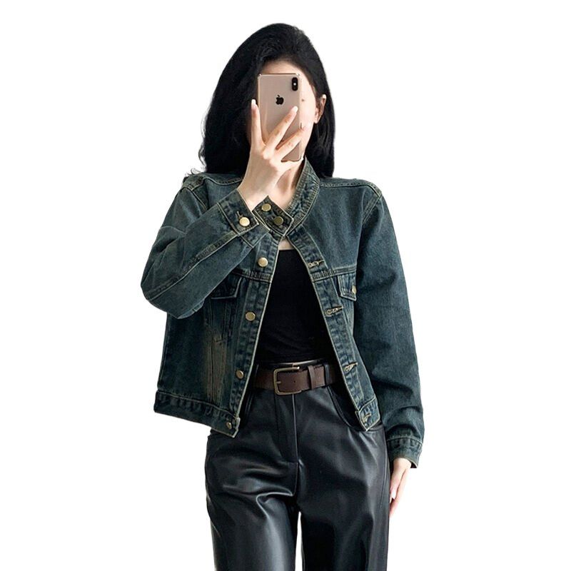 여성 봄 가을 루즈핏 워싱 노카라 데님 자켓 버튼 포켓 간절기 아우터 딥블루 - 상세 이미지 5
