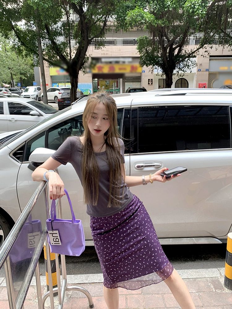 플라워 보라색 스커트 치마 쉬폰 하이웨이스트 여름 - 상세 이미지 2