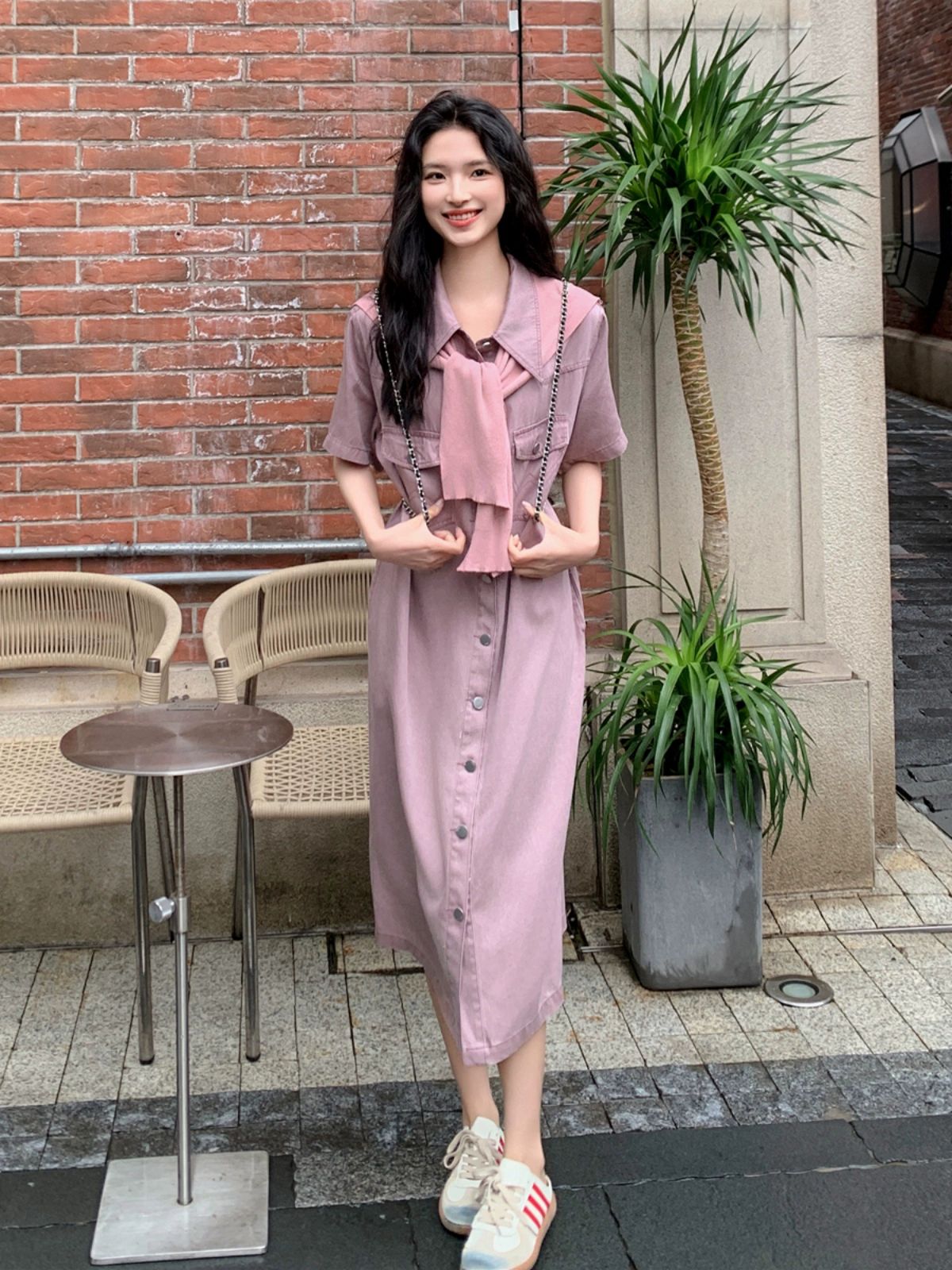 빈티지 핑크 퍼플 롱 원피스 여성 체형보정 이미지 6