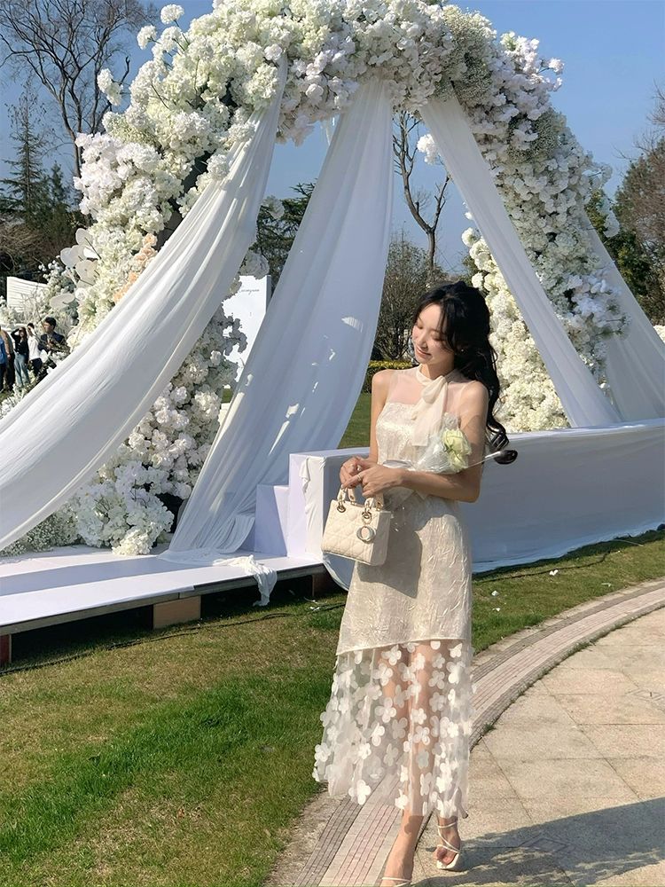 공주풍 원피스 여성 여름 홀터넥 타이 오프숄더 레이스 - 상세 이미지 2