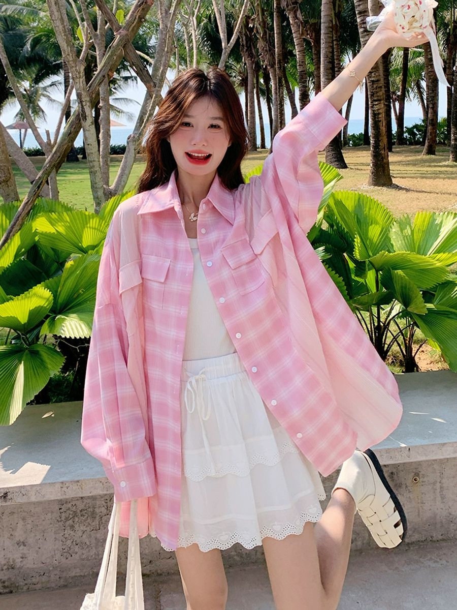 핑크 체크 오버핏 난방 재킷 아우터형 - 상세 이미지 3