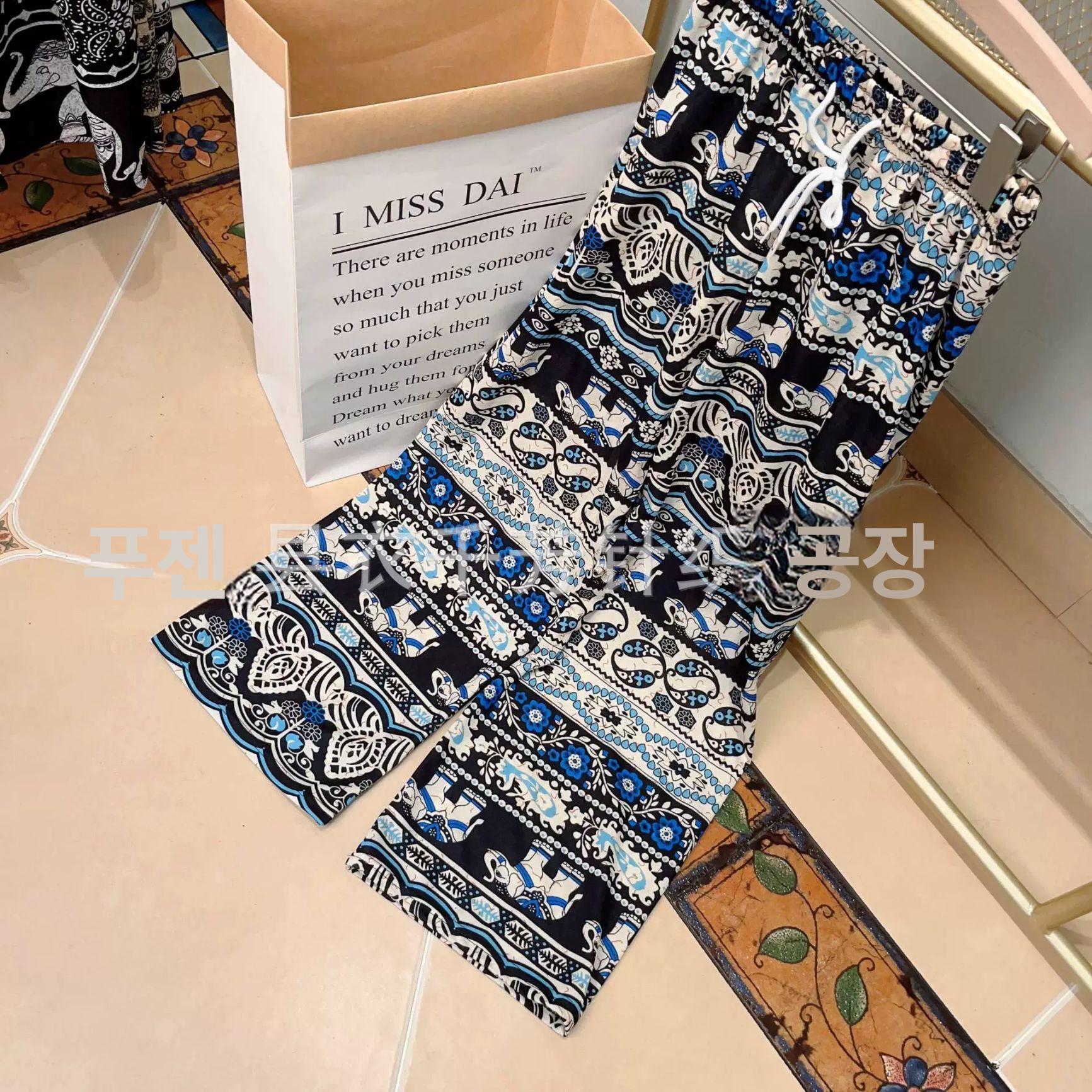 여성용 태국 코끼리 와이드 팬츠 바지 에스닉 허리끈 냉장고 - 상세 이미지 3